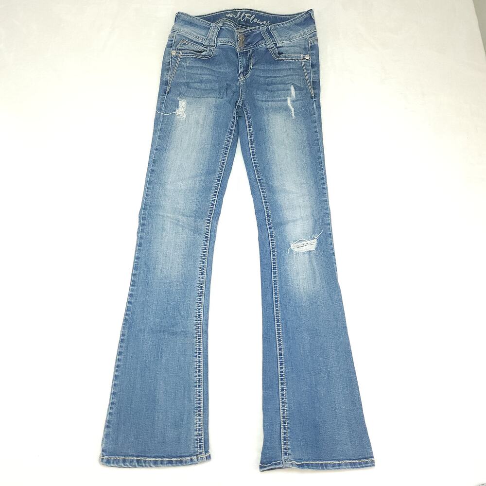 Vintage Y2k Stone Wash Jeans Womens 3 28x31 Bootcut Flare Light Wash Ripped